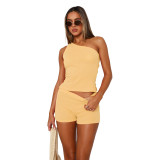 Women's One Shoulder Sleeveless Sweater Ribbed Shorts Two Piece Set