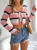 Summer Hollow Contrast Color Striped Long Sleeve Crop Knitting Cardigan Sun Protection Shirt Women's Clothing