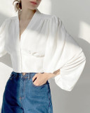Autumn V-Neck Women's Blouse Chic Lantern Sleeve Slim Long-Sleeved Shirt