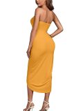 Women's Strapless Ruffled High Waisted Wrap Slit Beach Trendy Maxi Dress