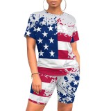 American Flag Print Fashion Casual Women's Short Sleeve T-Shirt Shorts Two Piece Set