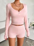 Women's Spring Summer Solid Color Slim Long Sleeve Tops Pants Two-Piece Set
