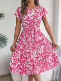 Spring Summer Elegant Floral Short-Sleeved Casual Belt Pleated Dress