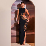 Women Summer Hollow Printed Slit Maxi Dress