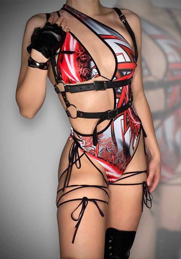 Women summer street sexy printed sleeveless lace-up Bodysuit
