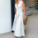 Women Summer V-Neck Sleeveless Belted Elegant Dress