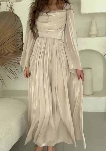 Women French Retro Square Neck Elegant Long Sleeve Pleated Dress