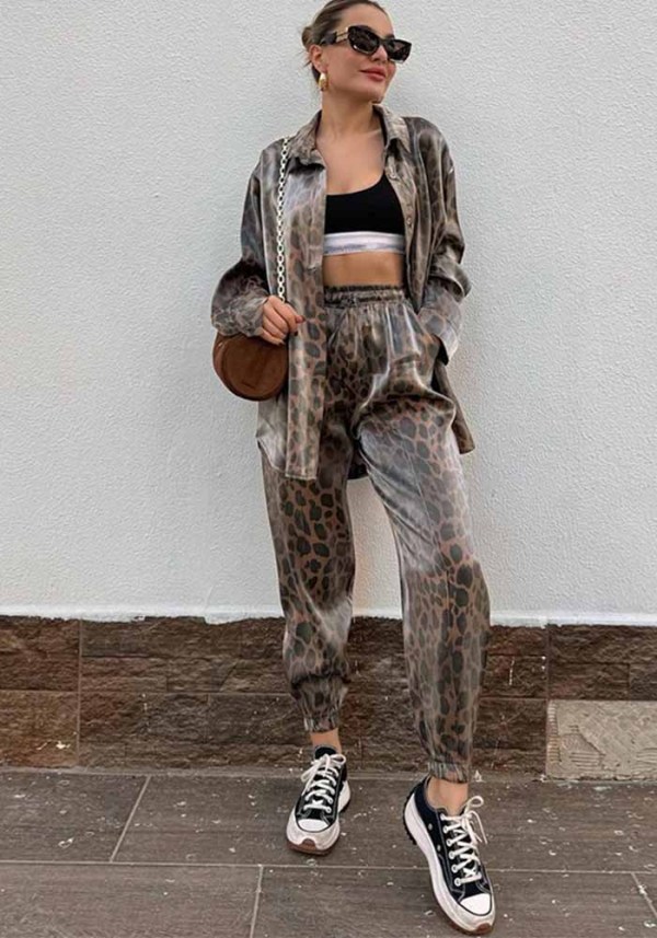 Women Casual leopard print shirt and Pants two-piece set