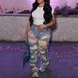 Women Printed Ripped Casual Denim Pants
