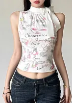 Women Graffiti Letter Printed Half Turtle Collar Lace-Up Bow Sleeveless Top