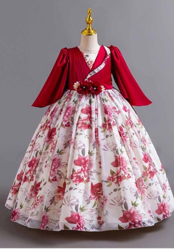 Girls Floral Chiffon Long Sleeve Princess Dress Piano Performance Dress