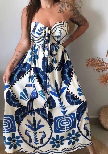 Women Printed Lace-Up Elegant Dress