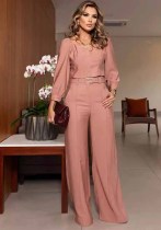 Women Summer Solid Retro Square Neck Top and Pants Two-piece Set
