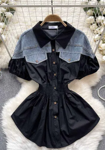 Women Contrast Patchwork Puff Sleeve Stretch Shirt