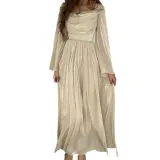 Women French Retro Square Neck Elegant Long Sleeve Pleated Dress