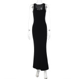 Women Summer Solid Square Neck Sleeveless Maxi Slit Dress