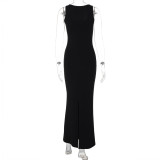 Women Summer Solid Square Neck Sleeveless Maxi Slit Dress