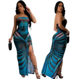 Women mesh printed slit sexy Maxi Dress