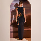 Women Summer Hollow Printed Slit Maxi Dress