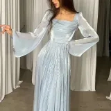 Women French Retro Square Neck Elegant Long Sleeve Pleated Dress
