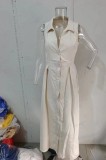 Women Summer V-Neck Sleeveless Belted Elegant Dress