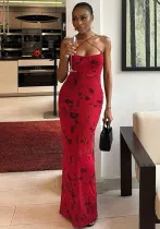 Women Vintage Printed Maxi Strap Dress