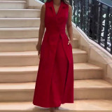 Women Summer V-Neck Sleeveless Belted Elegant Dress