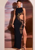 Women Summer Hollow Printed Slit Maxi Dress