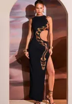Women Summer Hollow Printed Slit Maxi Dress