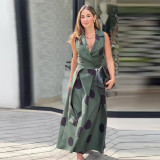 Women Summer V-Neck Sleeveless Belted Elegant Dress
