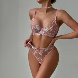 Women Lace Embroidered Bra Flower Embroidered Underwire Sexy LingerieSet