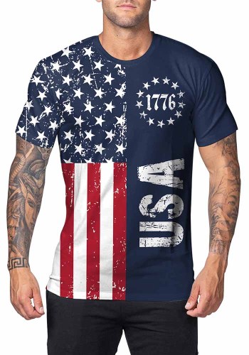 Men's American Flag Print T-Shirt Round Neck Short Sleeve Top