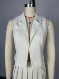 Women's Summer Turndown Collar Sleeveless Vest Pleated Skirt Casual Two Piece Set