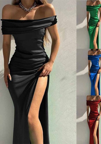 Solid Color Off Shoulder Sexy Slit Maxi Dress