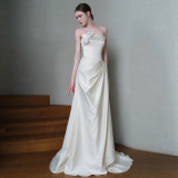 Strapless Wedding Dress Chic Bridal White Luxurious Satin Evening Dress（Processing time need 3-6 days）