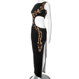 Women Summer Hollow Printed Slit Maxi Dress