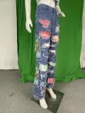 Women Printed Ripped Casual Denim Pants