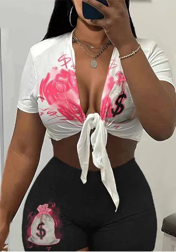 Women's Sexy Lace-Up Fashion Short Sleeve Top Shorts Two Piece Set