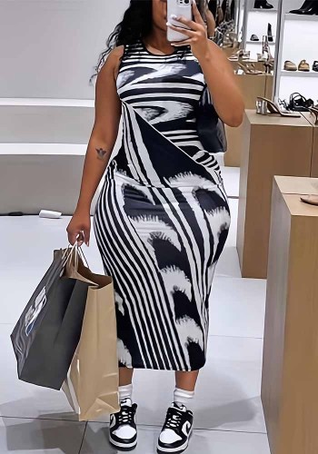 Plus Size Black And White Zebra Stripes Print Sleeveless Slim Fashion Dress