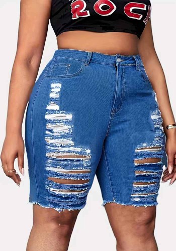 Plus Size Summer Ripped Tight Fitting Stretch Denim Shorts