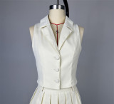 Women's Summer Turndown Collar Sleeveless Vest Pleated Skirt Casual Two Piece Set