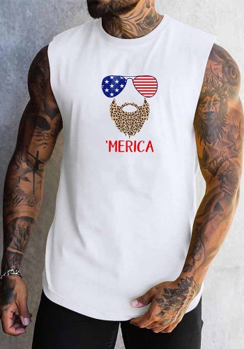 Round Neck Men's Loose Vest Clothing American Flag Printed White Sleeveless Top