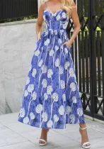 Spring Summer Women's Fashion Sexy Printed Slim Waist Strap Maxi Dress