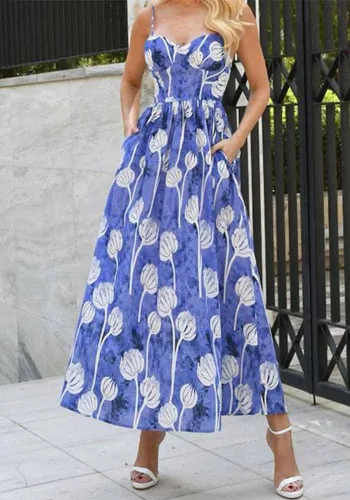 Spring Summer Women's Fashion Sexy Printed Slim Waist Strap Maxi Dress