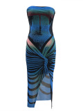 Women mesh printed slit sexy Maxi Dress