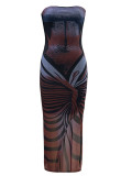 Women mesh printed slit sexy Maxi Dress