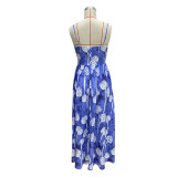 Spring Summer Women's Fashion Sexy Printed Slim Waist Strap Maxi Dress