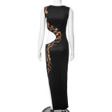 Women Summer Hollow Printed Slit Maxi Dress