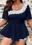 Plus Size Women's Square Neck Casual Short Sleeve Top Floral Lace Patchwork Shirt