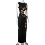 Women Summer Hollow Printed Slit Maxi Dress